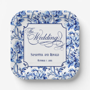 Blue & White Floral Toile with Calligraphy Wedding Paper Plate