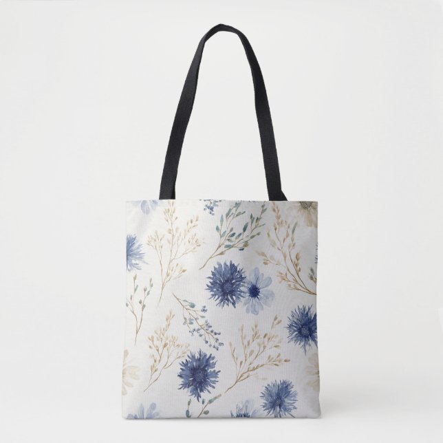 Blue White Floral  Tote Bag (Front)