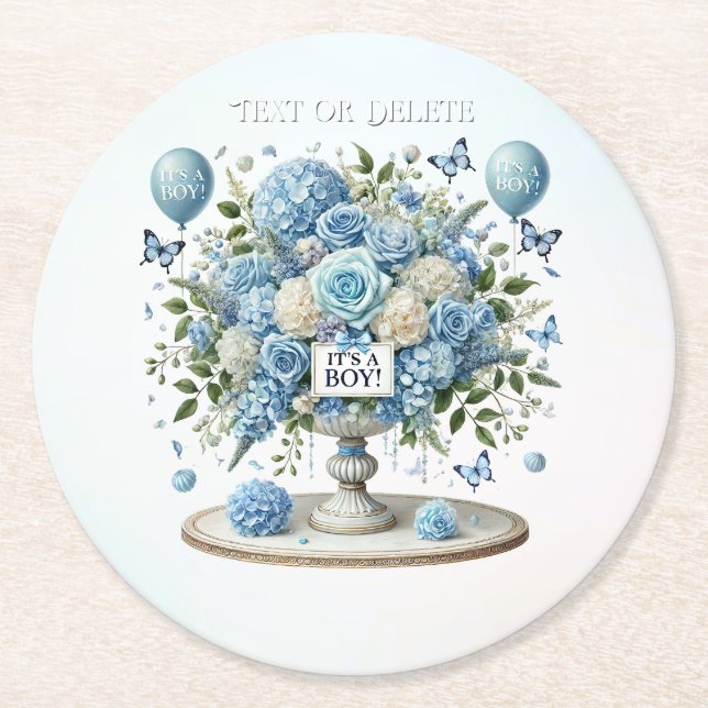 Blue White Floral Vase Paper Coaster (Front)