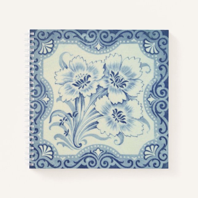 Blue & White Floral Victorian Majolica Antique Notebook (Front)