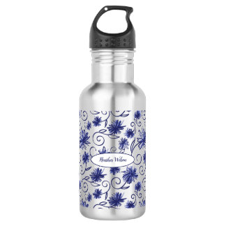 Blue White Floral Water Bottle with Name