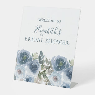 Blue White Floral Watercolor Bridal Shower  Pedestal Sign
