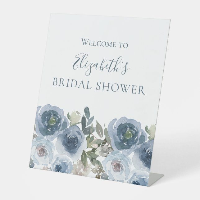 Blue White Floral Watercolor Bridal Shower  Pedestal Sign (Front)
