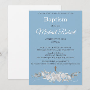 Blue White Floral Watercolor Cross Baptism Invitation