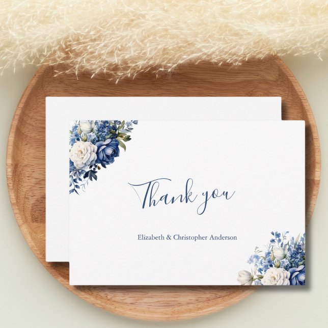 Blue White Floral Wedding Bridal Shower  Thank You Card (Blue White Watercolor Floral Wedding Bridal Shower thank you cards. Flat, Personalize your names)
