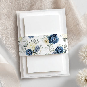 Blue White Floral Wedding Elegant Rose  Invitation Belly Band