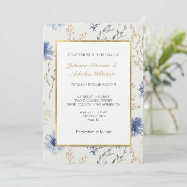 Blue White Floral Wedding Invitation (Standing Front)