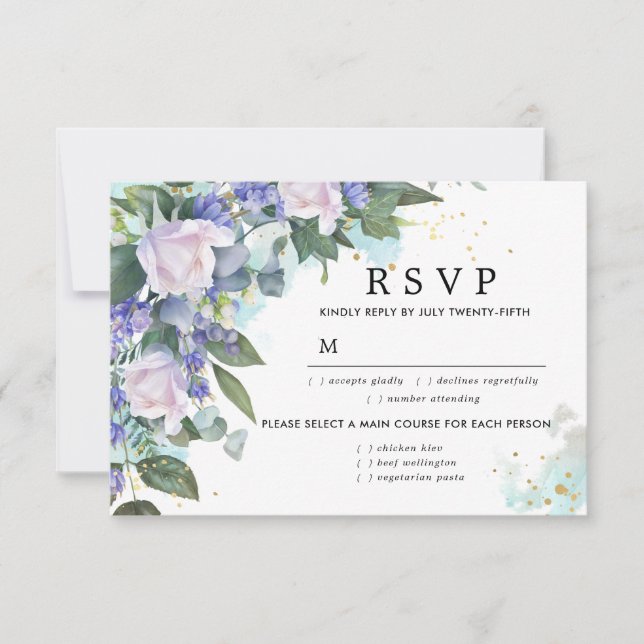 Blue White Floral Wedding RSVP Card, Meal Options Card (Front)
