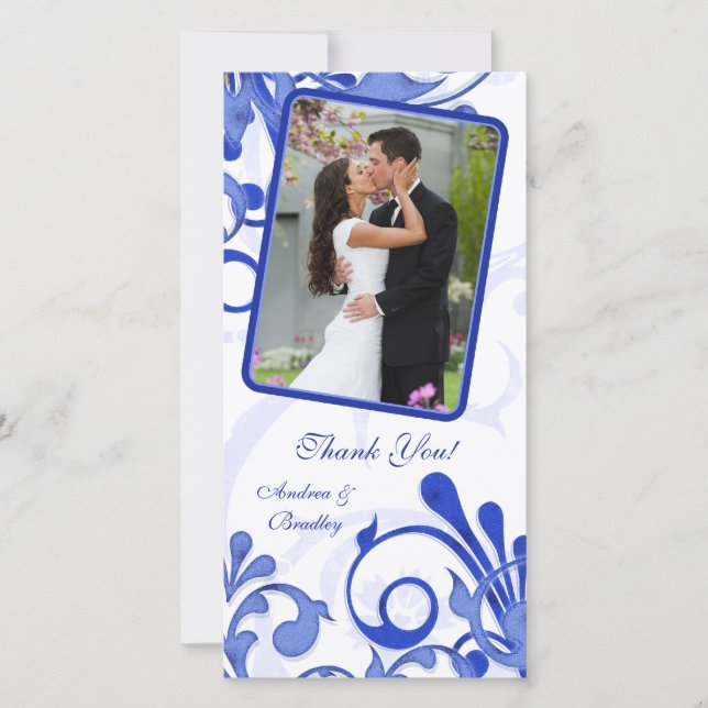 Blue & White Floral Wedding Thank You Photo Card (Front)