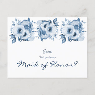 Blue white florals be my maid of honour postcard