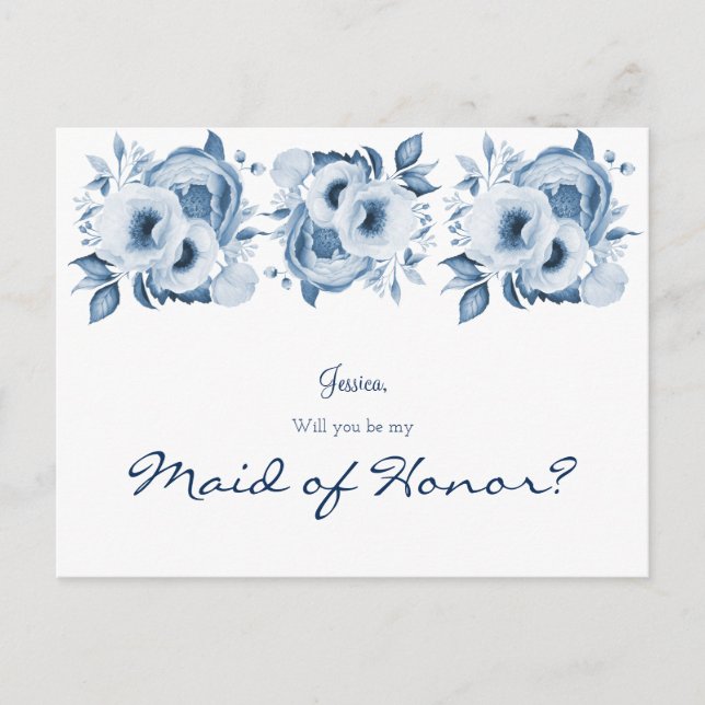 Blue white florals be my maid of honour postcard (Front)