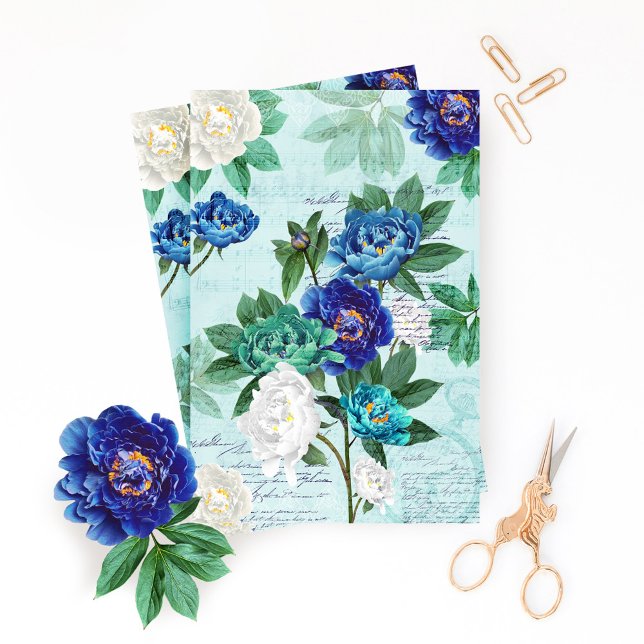  Blue White Florals Music & Handwriting Decoupage Tissue Paper (Creator Uploaded)
