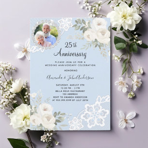 Blue white florals photo 25th wedding anniversary invitation