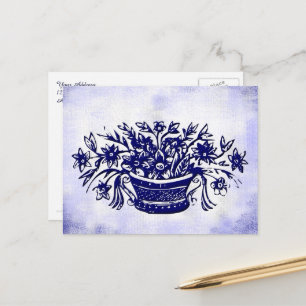 Blue White Flower Basket Floral Faux Canvas Postcard