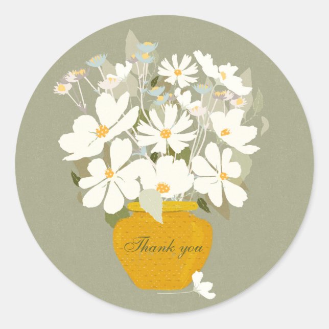 Blue white flower bouquet gold vase Thank you Clas Classic Round Sticker (Front)