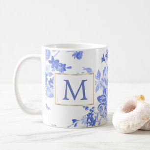 blue white flower china initial customisable side coffee mug