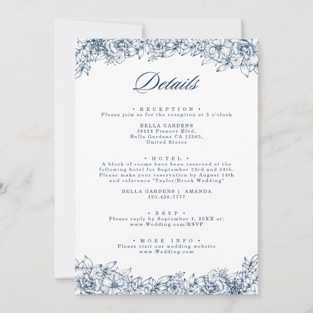 Blue White Flower Elegant  Details Enclosure Card (Front)
