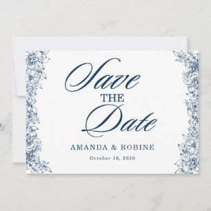 Blue White Flower Elegant Simple Save The Date