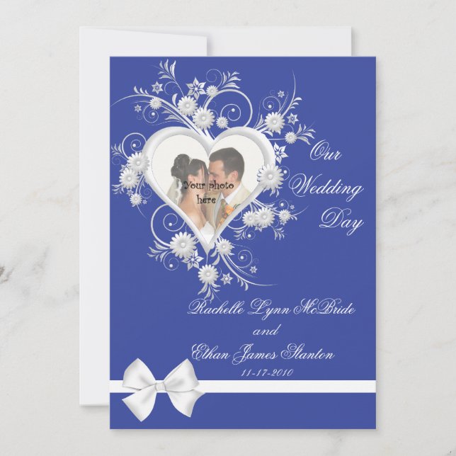 Blue & White Flower Heart Wedding Photo Invitation (Front)