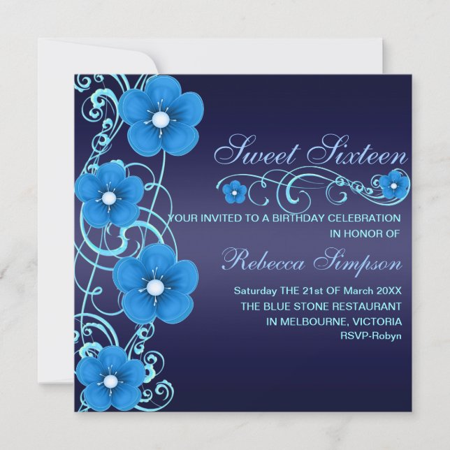 Blue/White Flower Swirl Sweet16 Birthday Invite (Front)