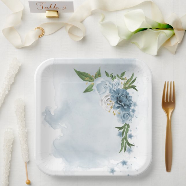 blue & white flowers botanical paper plate (Wedding)