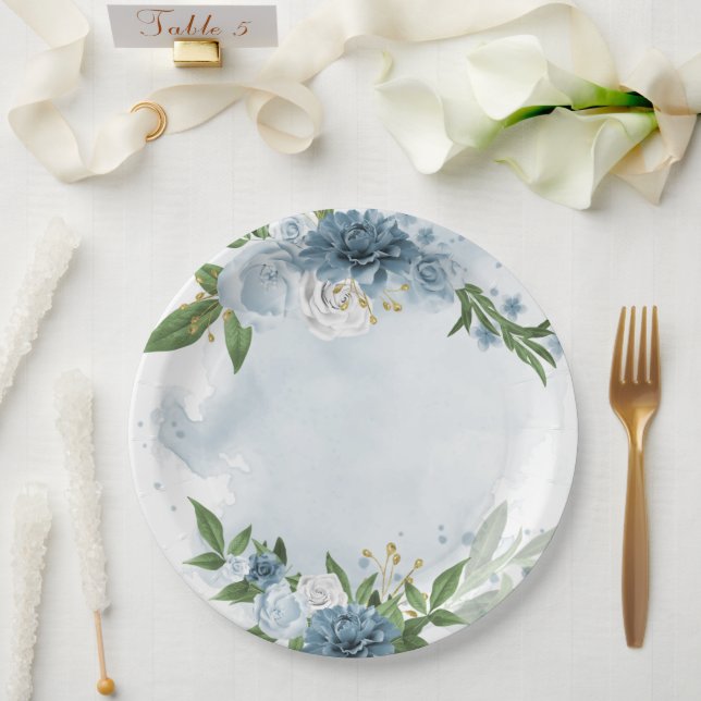 blue & white flowers botanical paper plate (Wedding)