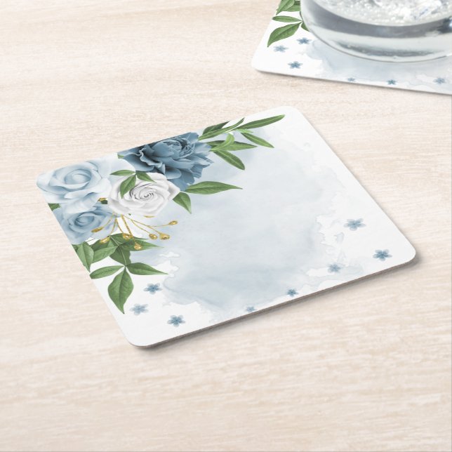 blue & white flowers botanical wedding square paper coaster (Angled)