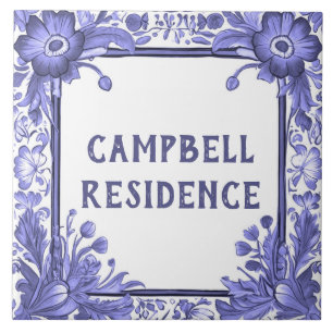Blue & White Flowers Custom House Name Plate Sign Tile