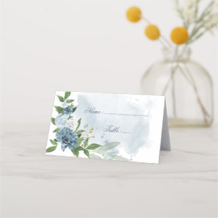 blue & white flowers green leaves place card
