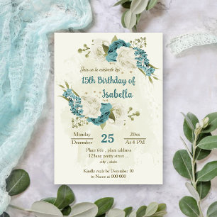blue white flowers greenery birthday invitation