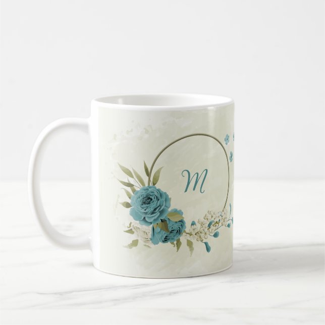 blue white flowers greenery  coffee mug (Left)