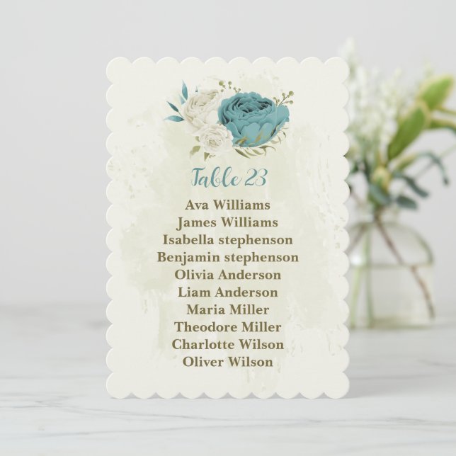 blue white flowers greenery seating chart card (Standing Front)