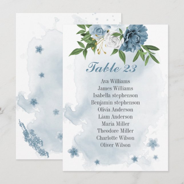 blue white flowers greenery seating chart card (Front/Back)