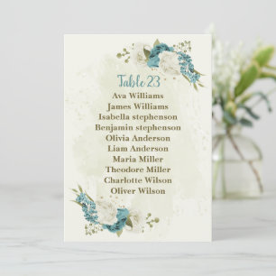 blue white flowers greenery seating chart card