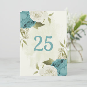 blue white flowers greenery table number card