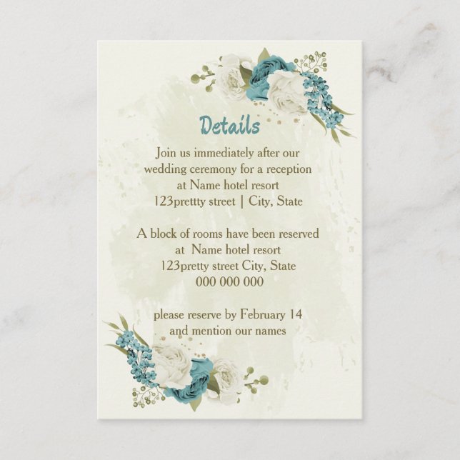 blue white flowers greenery wedding details enclosure card (Front)