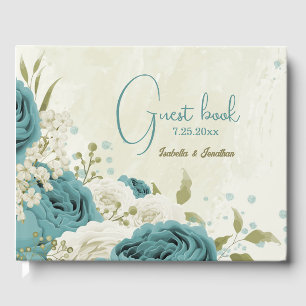 blue white flowers greenery wedding guest book