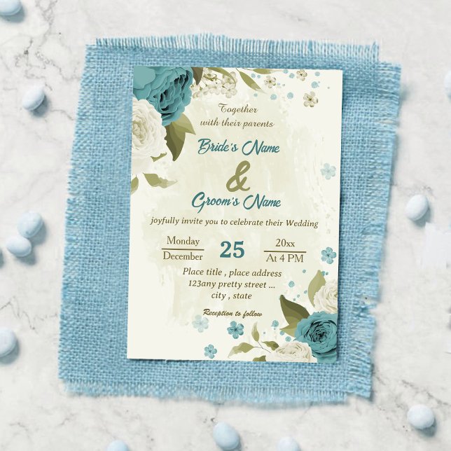 blue white flowers greenery wedding invitation (Creator Uploaded)