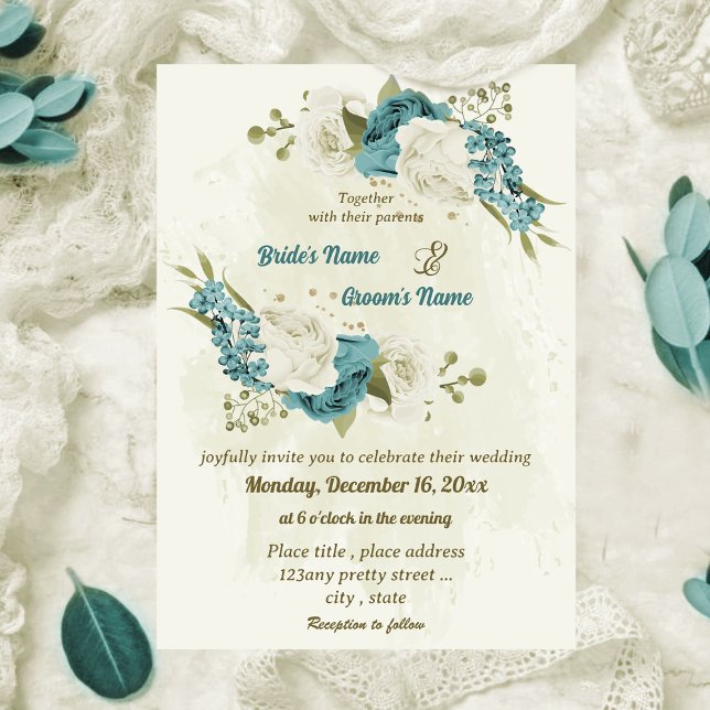blue white flowers greenery wedding invitation (Creator Uploaded)