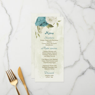 blue white flowers greenery wedding menu