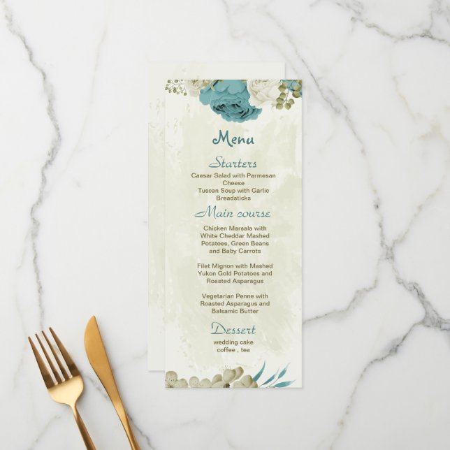 blue white flowers greenery wedding menu (Front/Back In Situ)