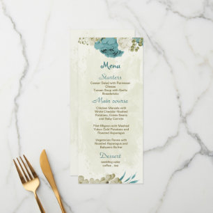 blue white flowers greenery wedding menu