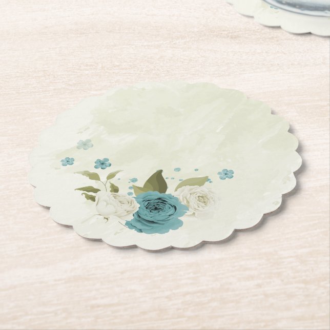 blue white flowers greenery wedding paper coaster (Angled)