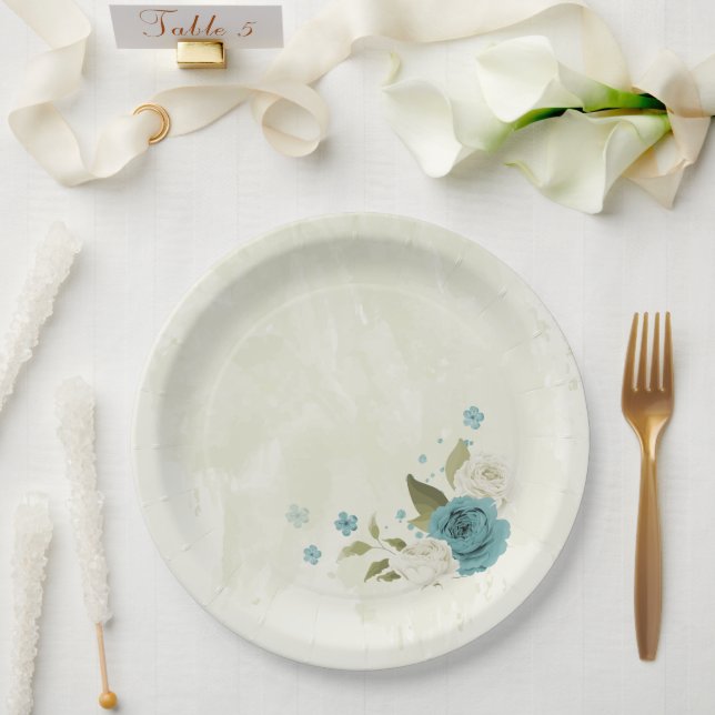 blue white flowers greenery wedding paper plate (Wedding)