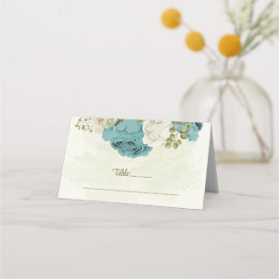 blue white flowers greenery wedding place card