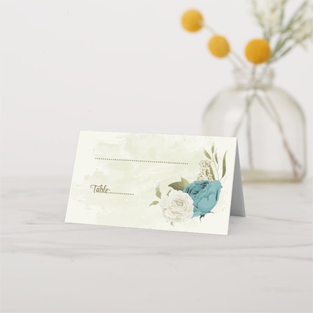 blue white flowers greenery wedding place card (Front)