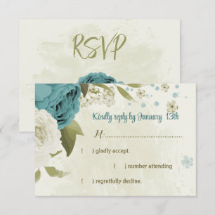 blue white flowers greenery wedding RSVP card