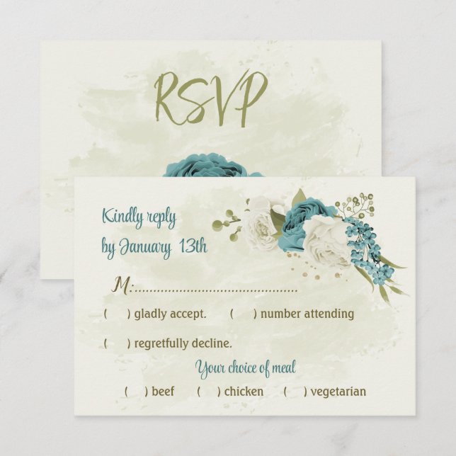 blue white flowers greenery wedding RSVP card (Front/Back)