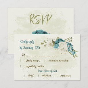blue white flowers greenery wedding RSVP card