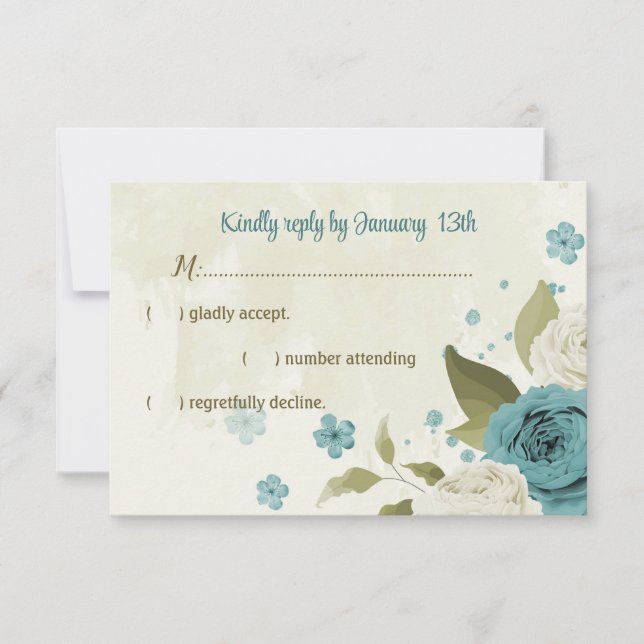 blue white flowers greenery wedding RSVP card (Front)
